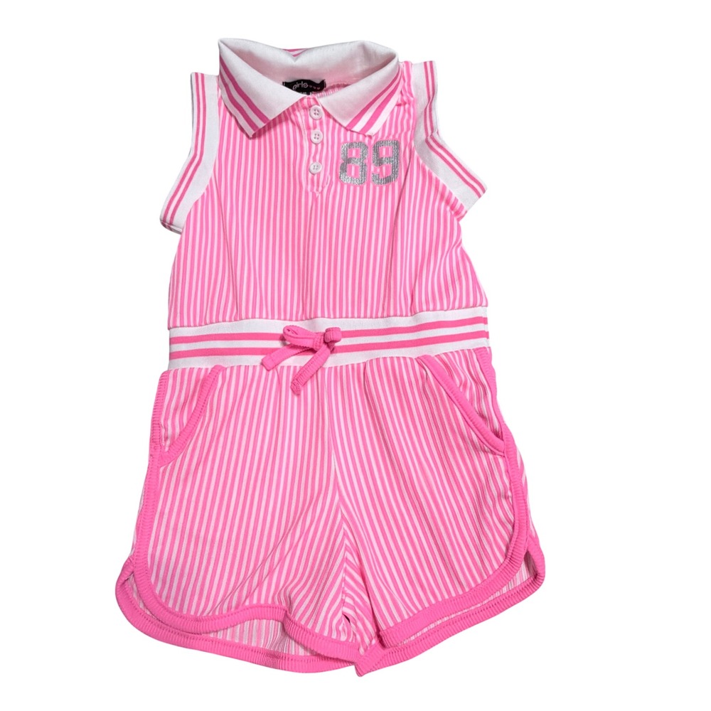 Girls Pink White Striped Sleeveless Polo Romper Silver 89 Glitter Size 5/6
